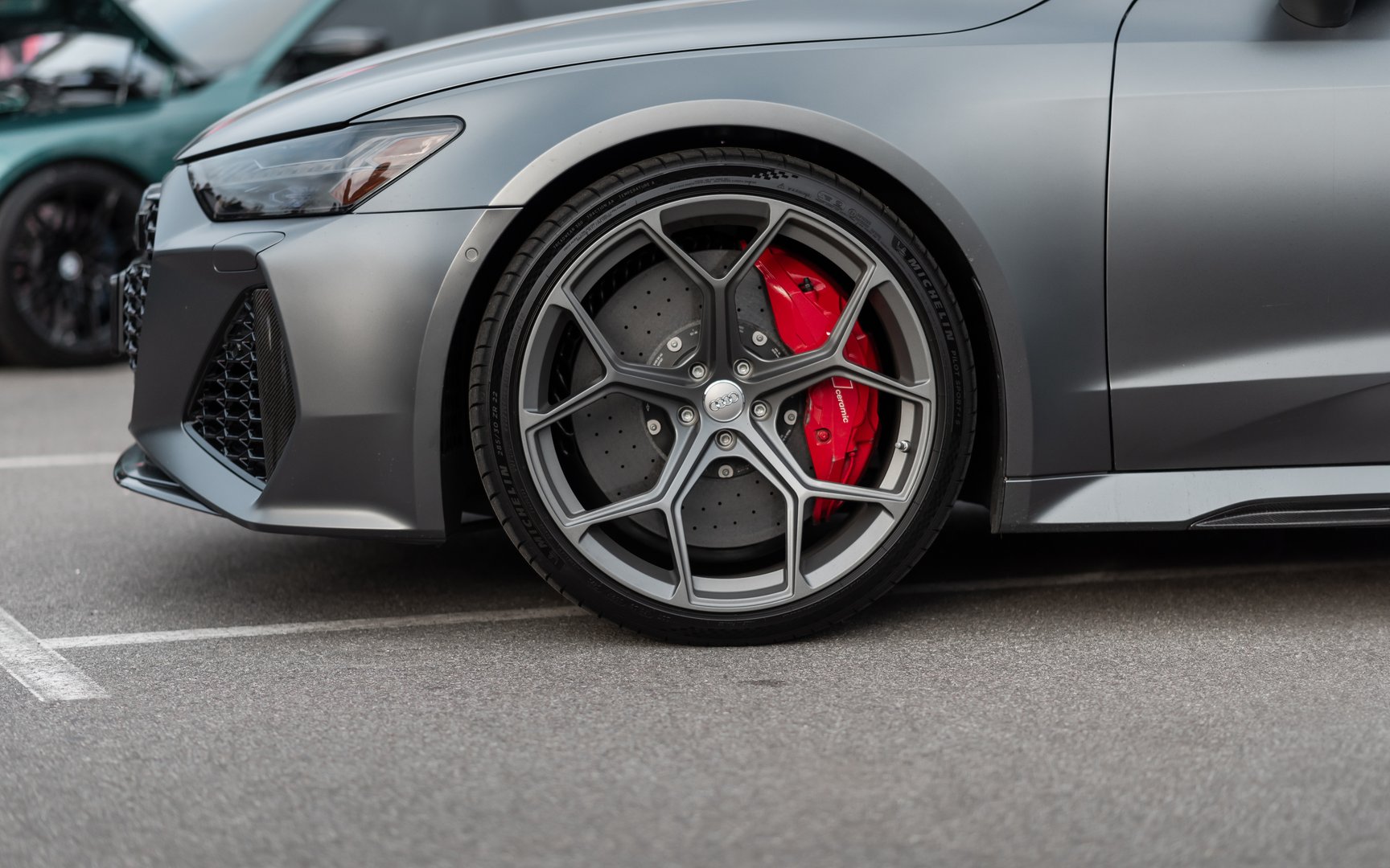 front wheel, fender, bumper and headlight of Audi RS6. November 14 2024 - Detroit, MI, USA.