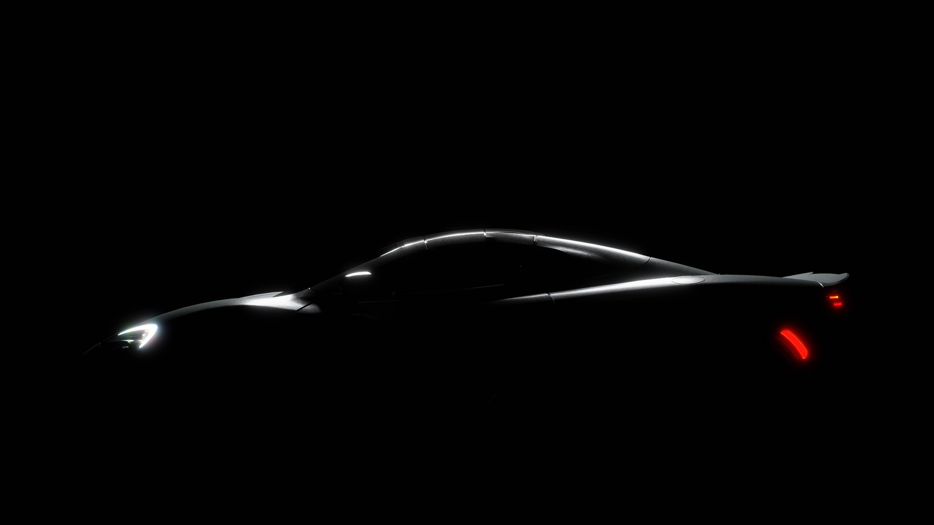 Silhouette of black sports car with headlights on black background, photorealistic 3d illustration render