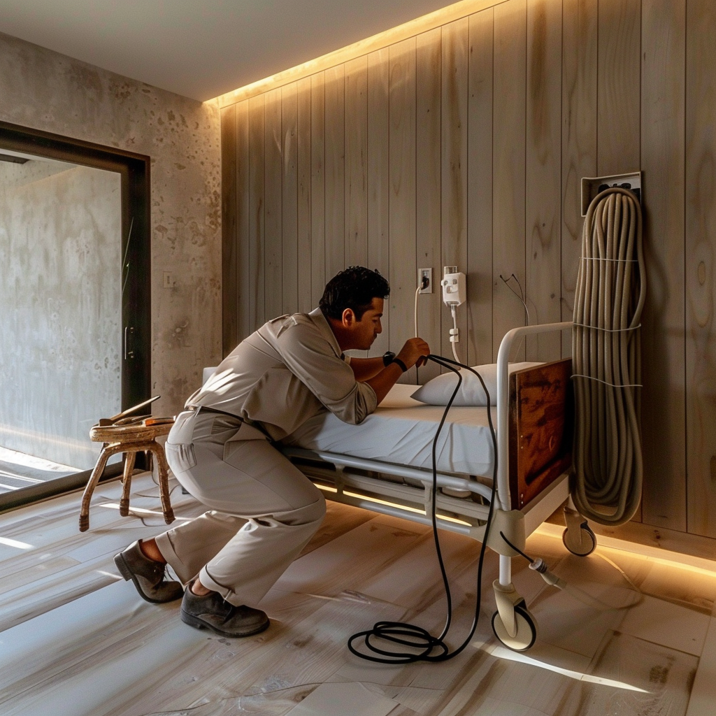 A man kneels beside a hospital bed, closely examining a device, in a modern room with a wooden wall and dim lighting.