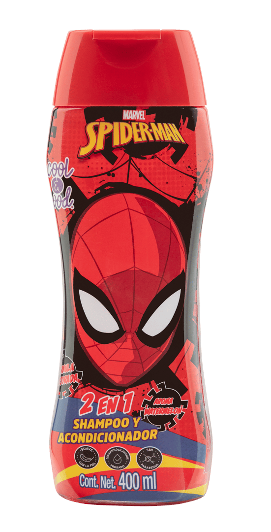 Red and black Spider-Man themed 2-in-1 shampoo and conditioner bottle, 400 ml, featuring the Spider-Man face logo.