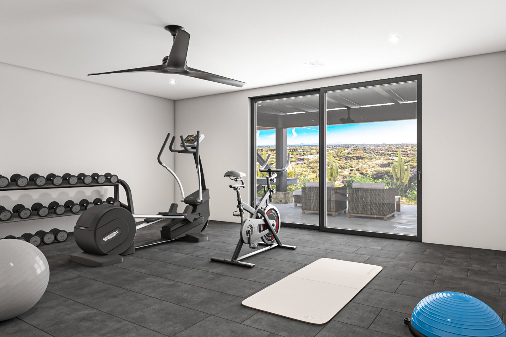 Home gym equipped with fitness equipment, large windows displaying outdoor scenery, promoting health and wellness in a stylish indoor environment. Includes an elliptical, cycling machine, weights, and a yoga mat.