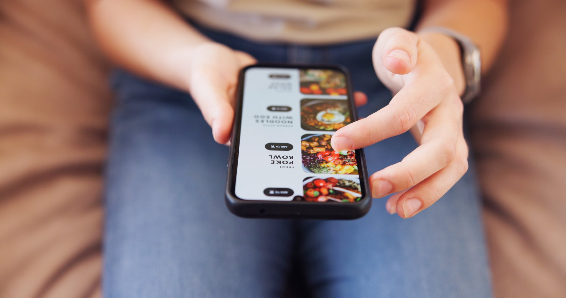 Hands, phone and person in home on app for online order of food for dinner, lunch or supper. Technology, browsing and customer scrolling on restaurant website for meal with delivery at apartment.