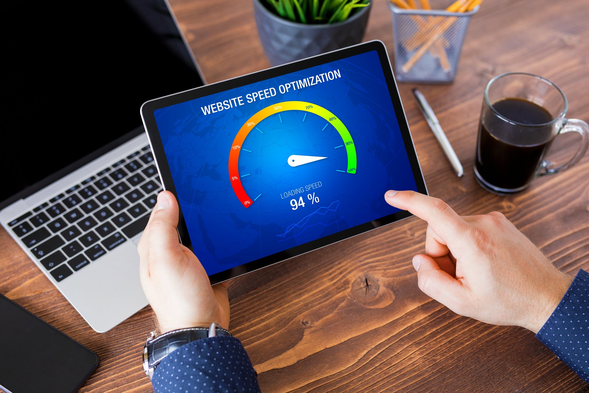Male evaluating website loading speed, concept of page speed optimization