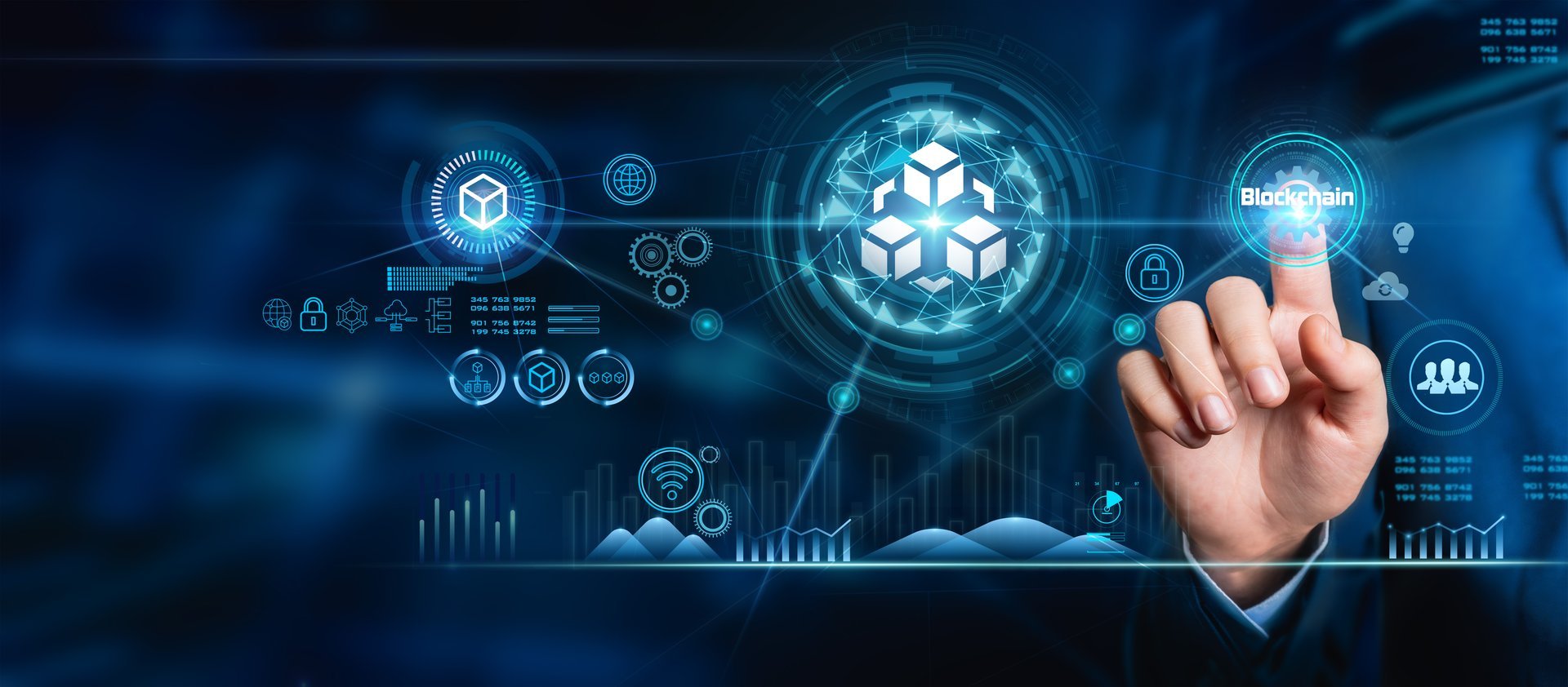 Blockchain technology and the network concept. Businessman touching text blockchain in hand with icons of network connection on a blue security and digital connection background.