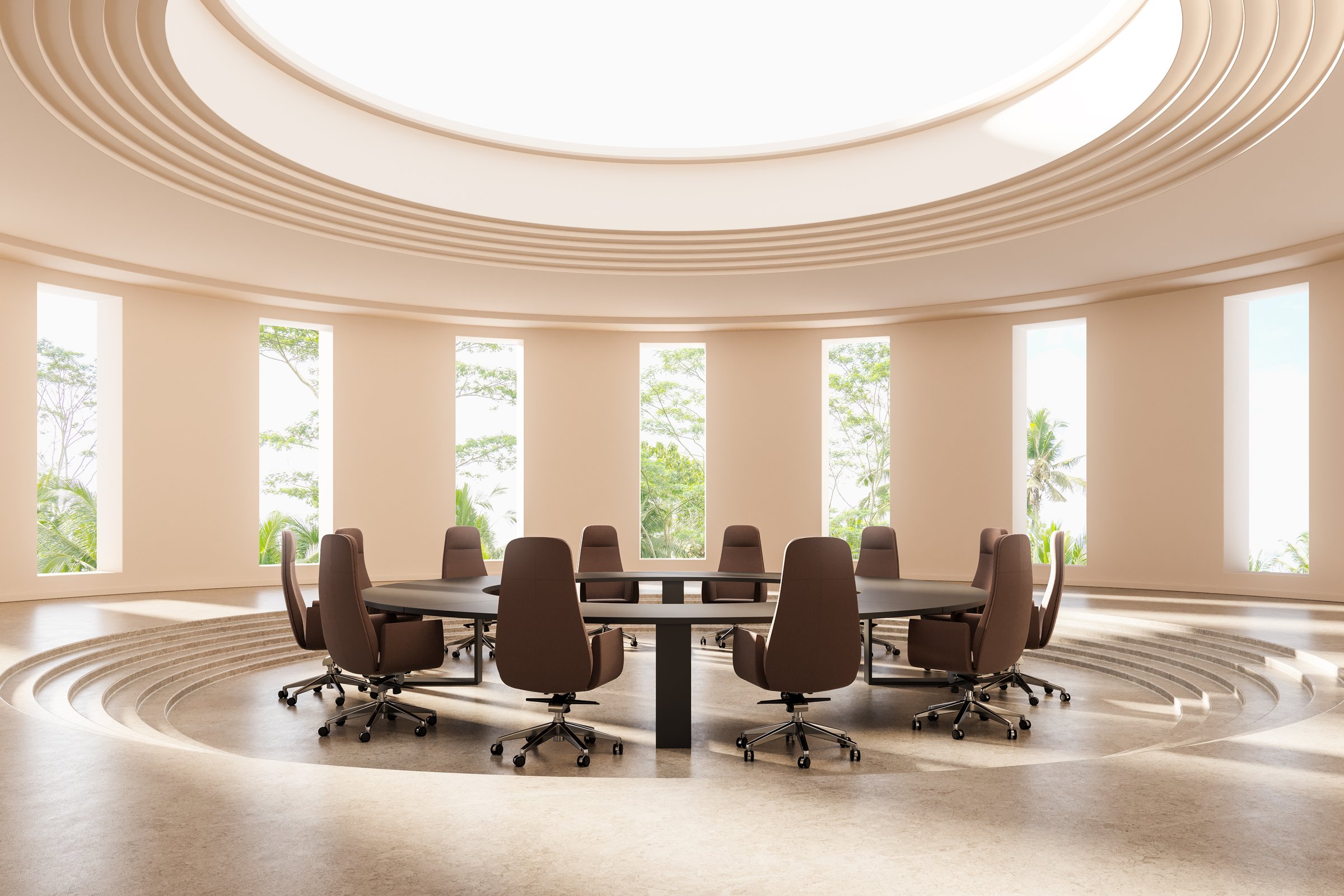 Contemporary conference room with circular table and brown chairs, modern architectural interior design, bright neutral background, concept of collaboration. 3D Rendering