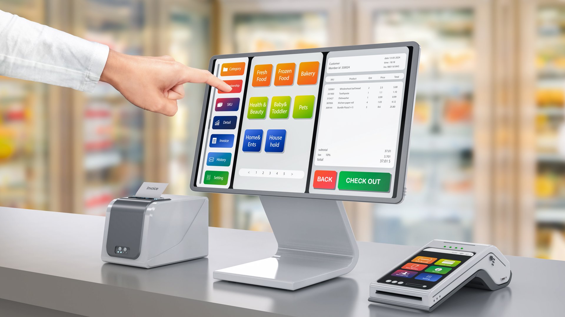 3d rendering touch screen point of sale system or cash register machine on desk with finger point