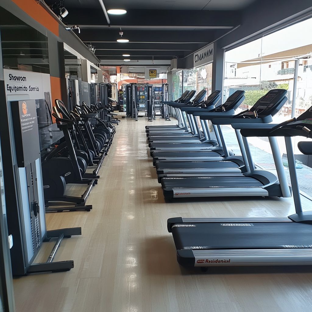 Row of treadmills and exercise equipment in a gym with large windows and a view of the street outside.