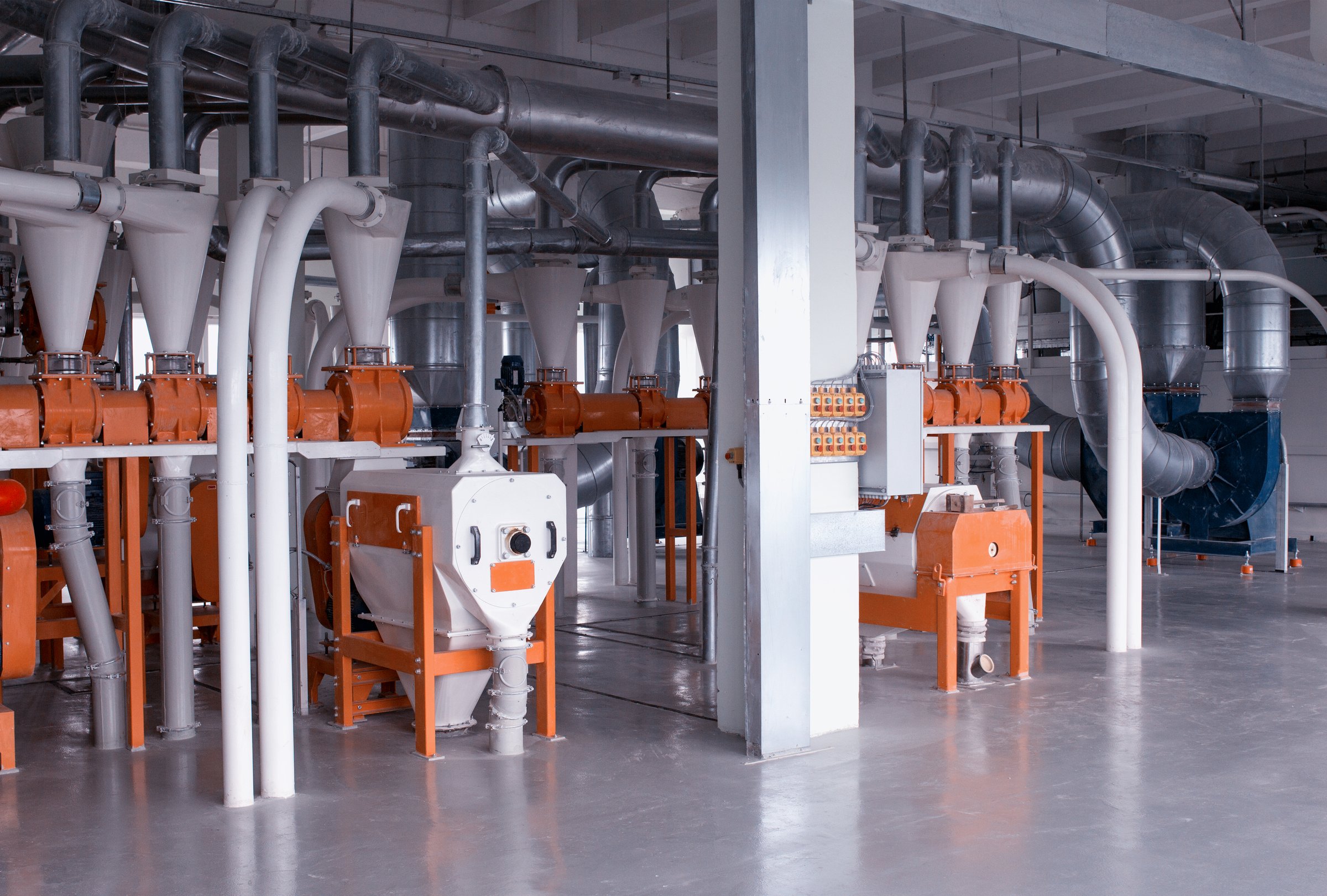 Plant for the production of flour and grain, modern production plant for the production of food flour and cereals, breadstuff, workshop