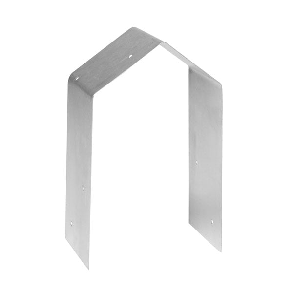 A stainless steel joist hanger with pre-drilled holes for mounting, designed to support structural beams in construction.