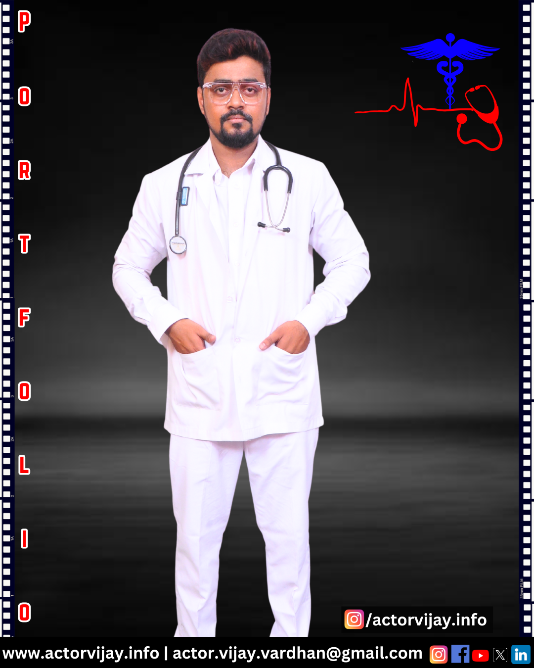 A man in a white medical coat with a stethoscope, surrounded by social media icons and medical graphics on a dark background.