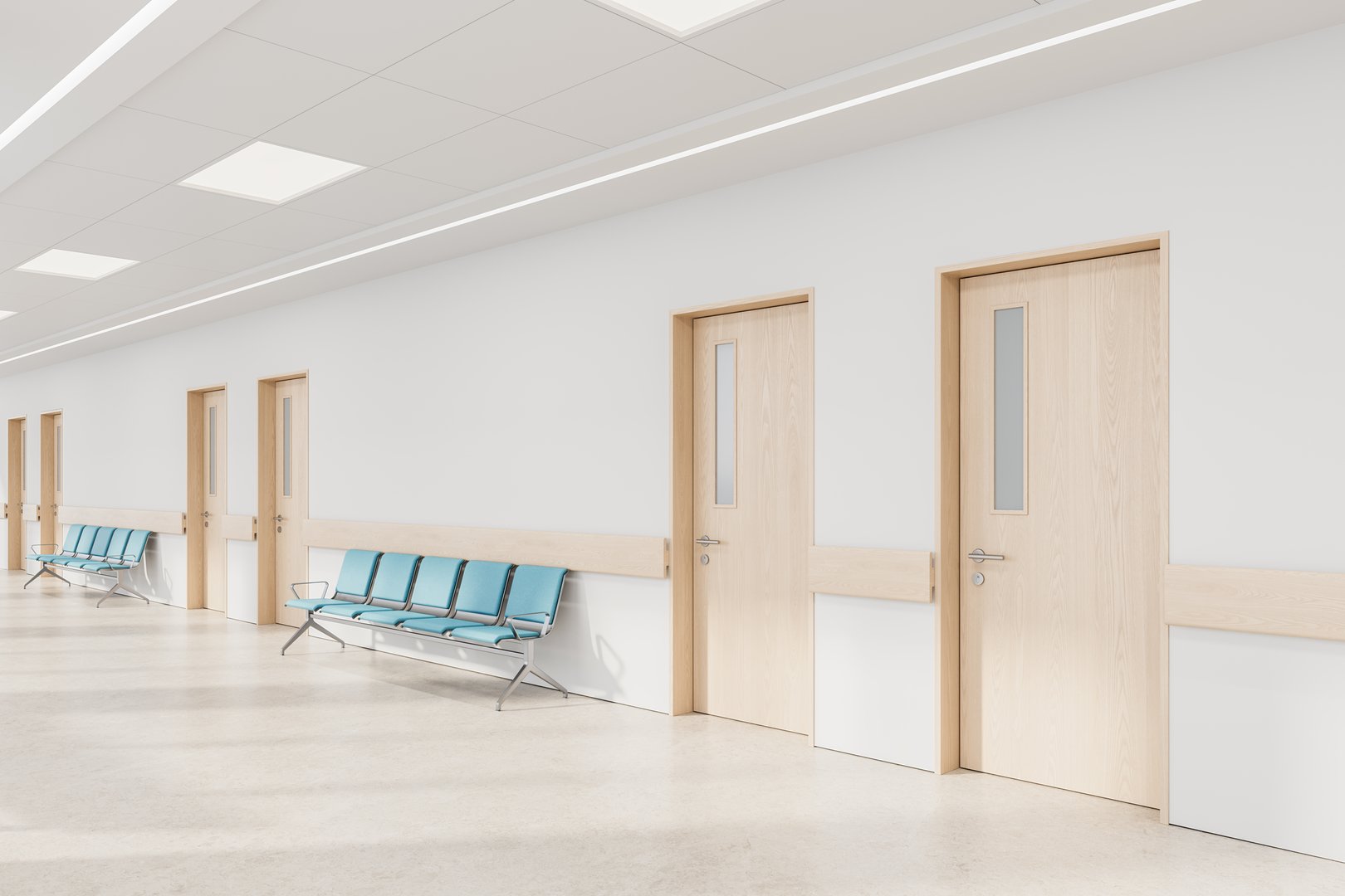 Hospital hallway with light wooden doors and blue waiting chairs, realistic style, white clean background. Concept of modern healthcare interior. 3D Rendering