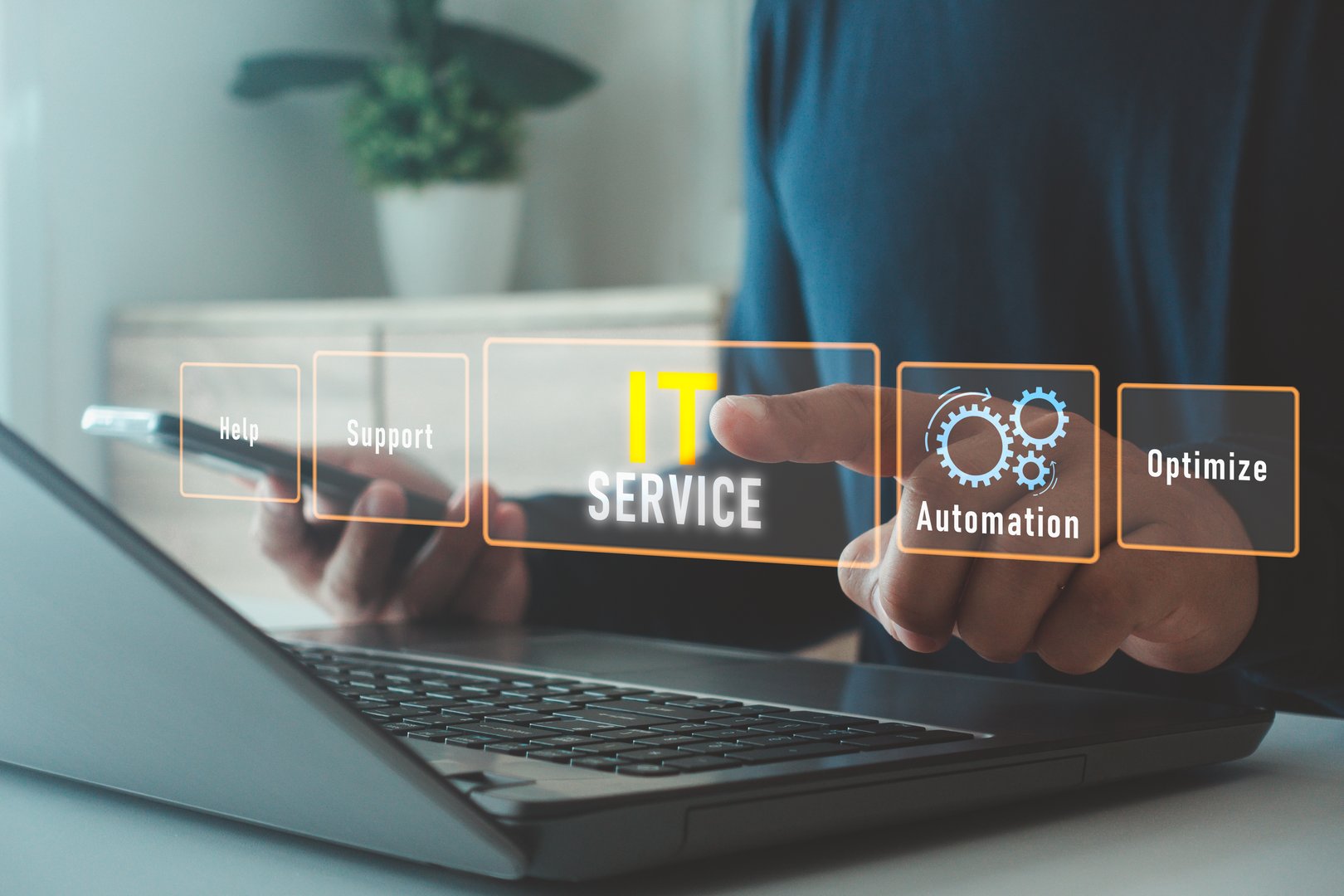 IT Service Optimize Support Help Automation concept. IT technician using digital interface for system configuration and maintenance with gear icons and tools representing technical support operations.