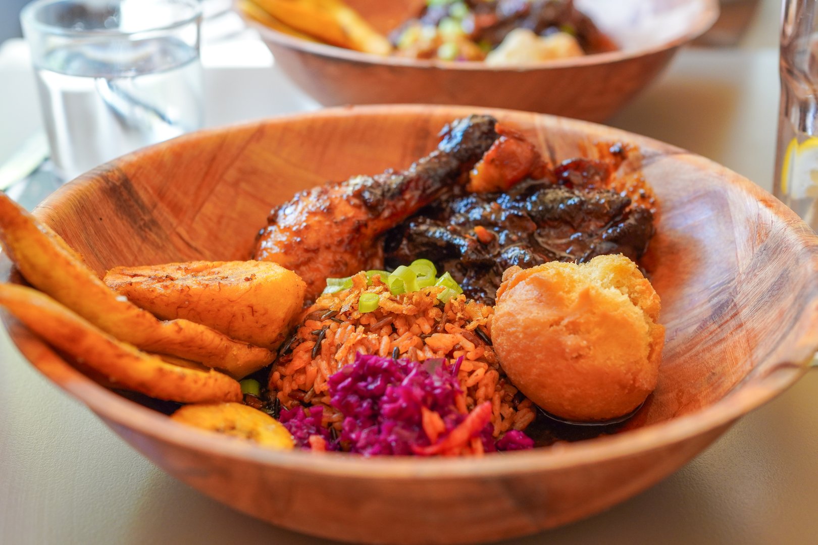 Caribbean rum honey chicken, Jamaican fried dumpling and fried sweet plantain