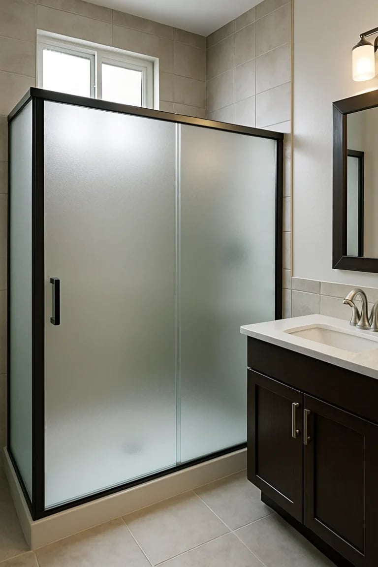 A modern frosted glass enclosure in a bathroom setting with sleek metal hardware