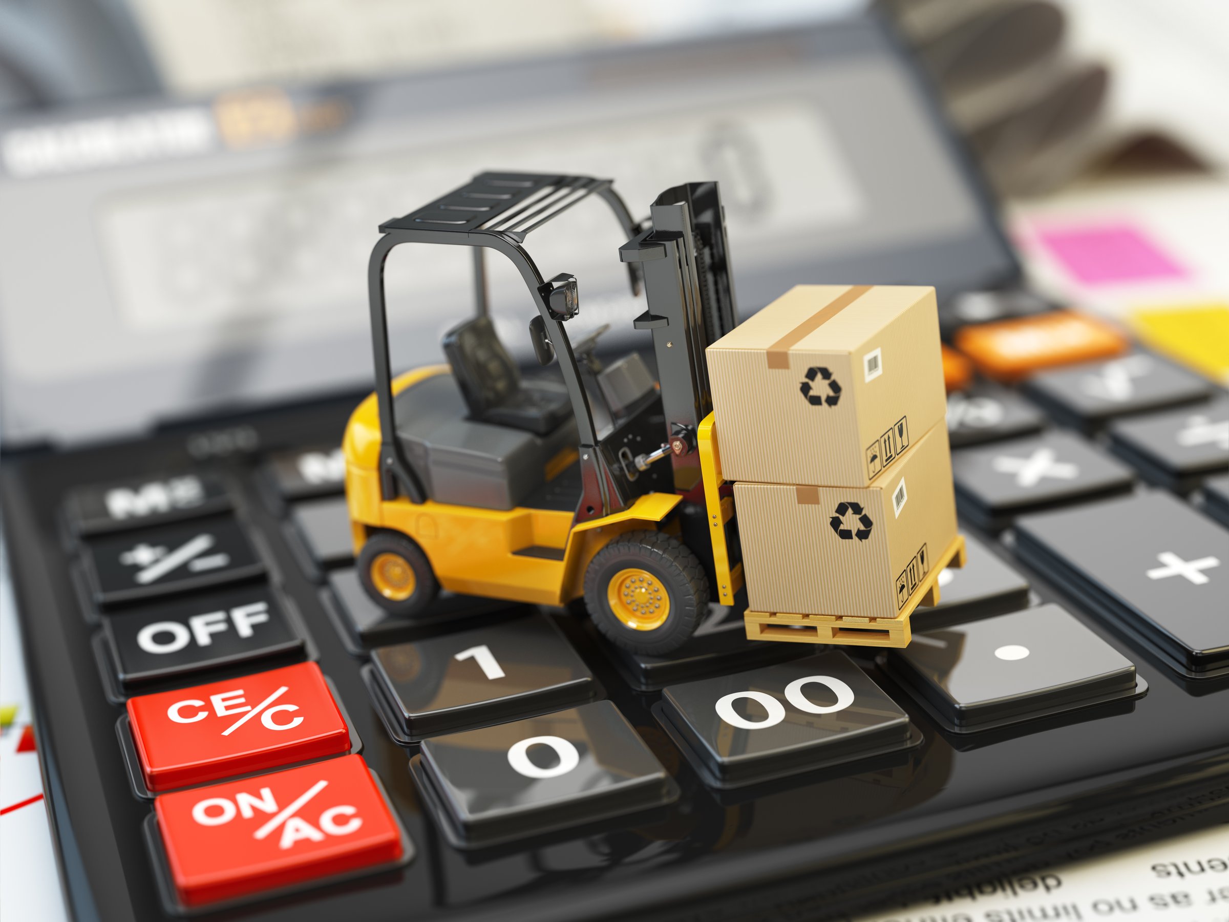 Forklift with cardboxes on calculator — calculation of shipping delivery costs concept.
