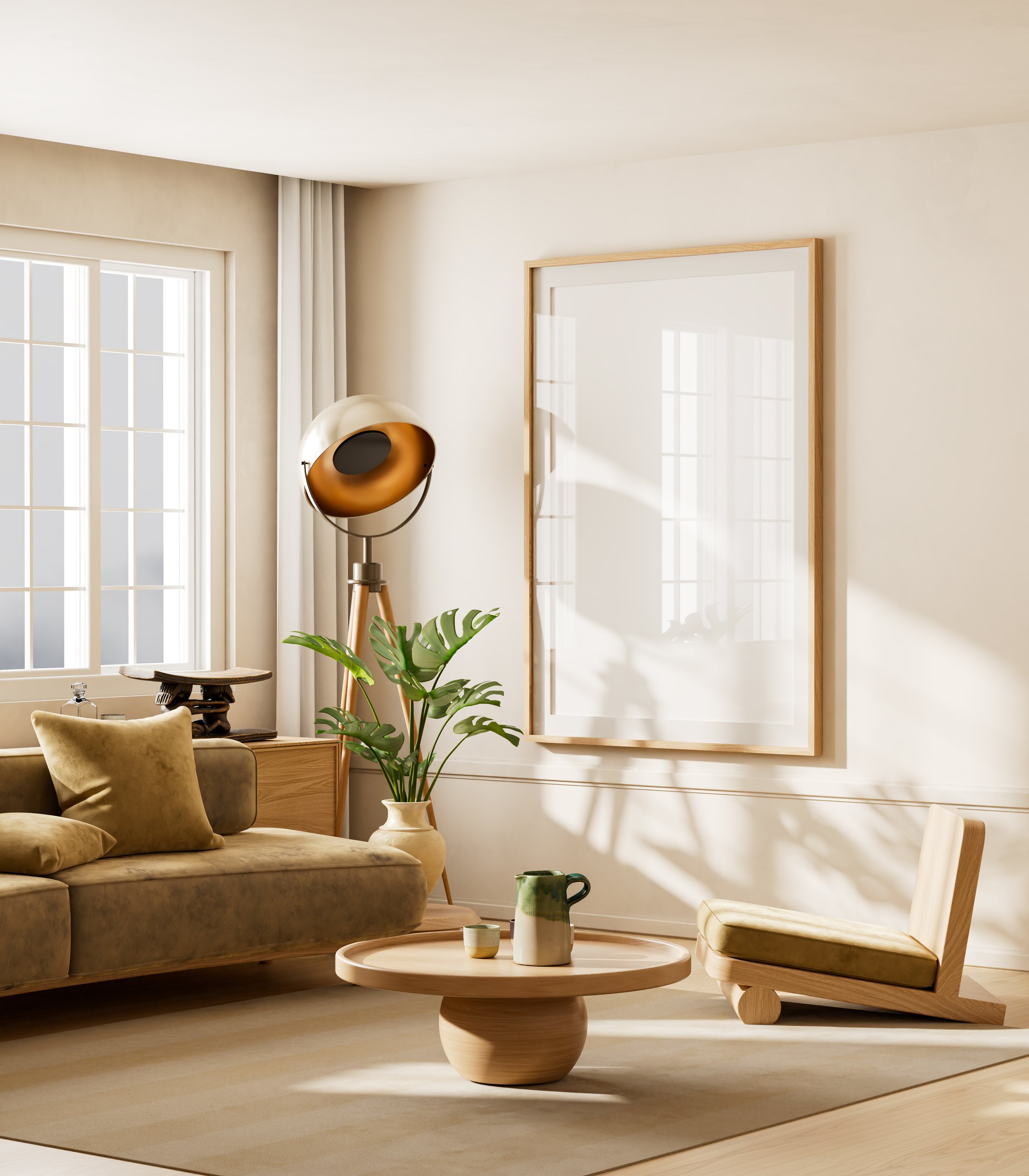 A Scandinavian interior featuring a mock up poster frame, minimalist elegance, warm neutrals, and natural light for a stylish serene atmosphere. 3D illustration