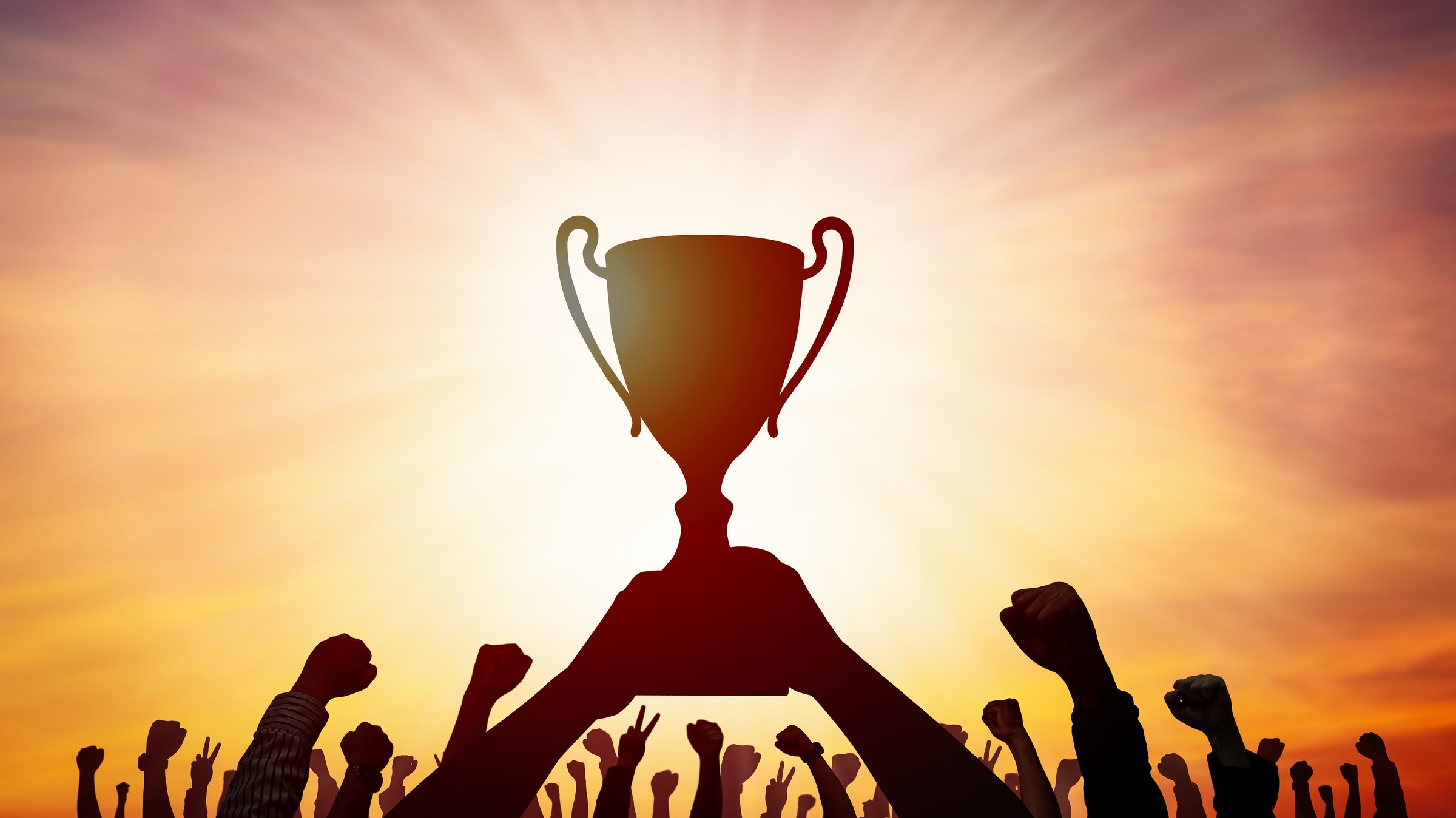 Silhouette of many hands raised with trophy on sunset background. Concept of joint celebration of victory and teamwork achieved the organization's highest goals.
