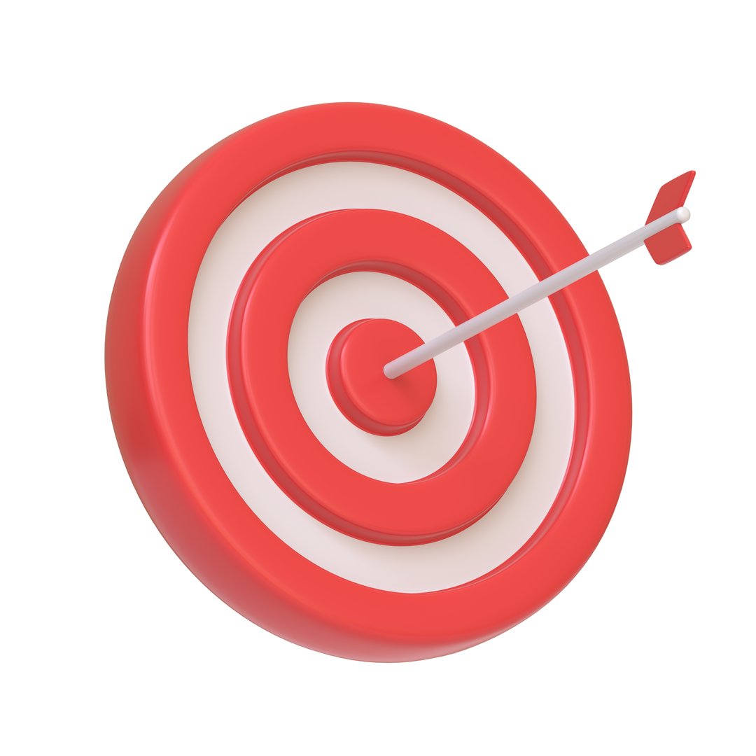 Red and white target with an arrow hitting the bullseye, symbolizing precision, goal achievement, and success isolated on white background. Icon, sign and symbol. Side view. 3D Render