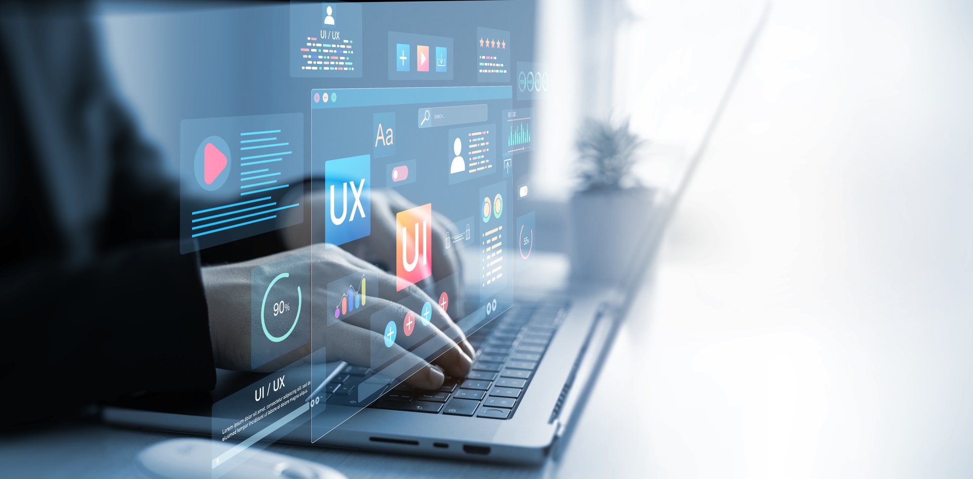 Holographic UI-UX, display icons of UX-UI designer, creative planning, data visualization. Web design, application design,coding develop.UX-UI design web and user design development