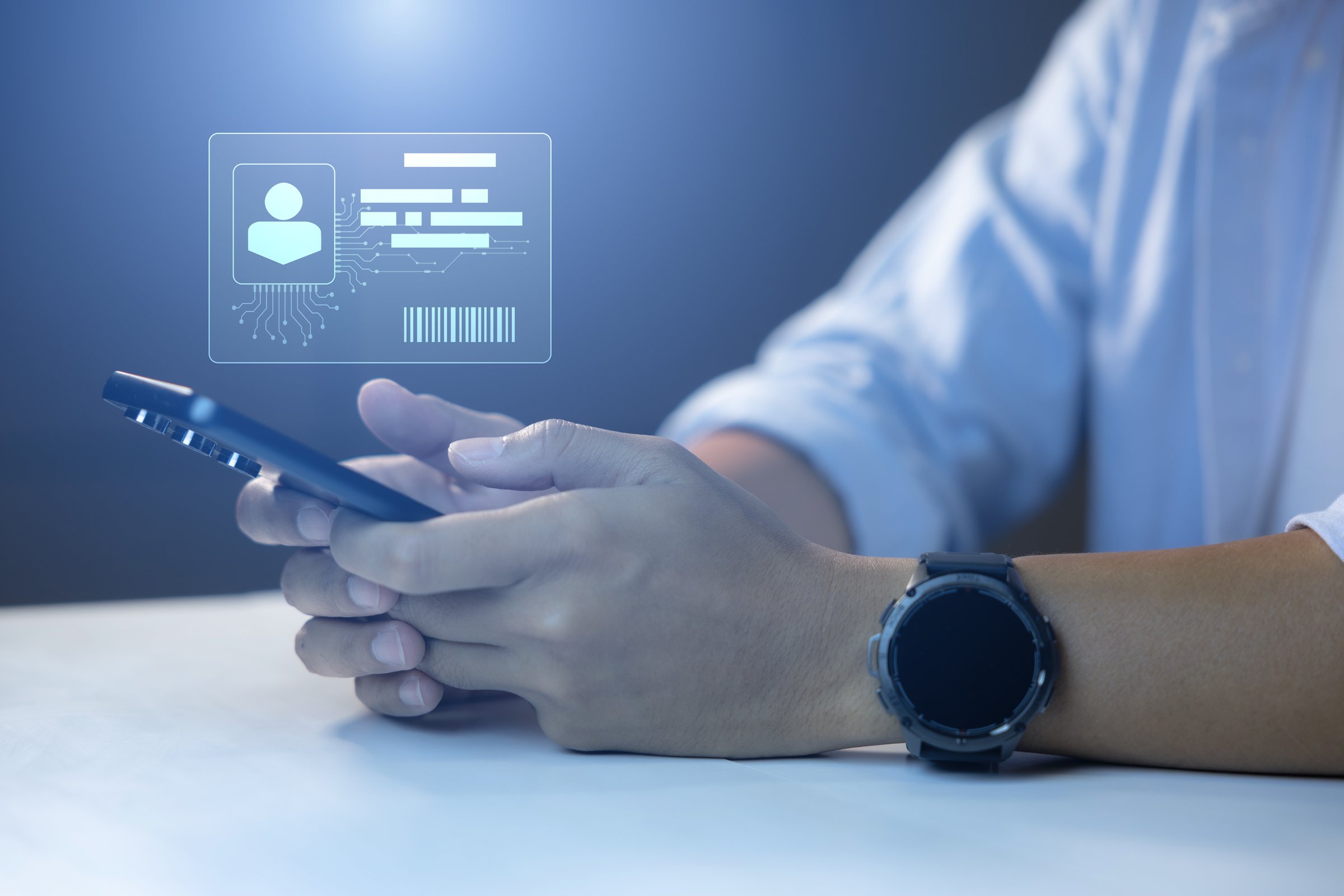 Digital identification or digital ID. Businessman and hand touch virtual screen of digital identification card to accessing databases by digital identity for cyber security. Employee badge.