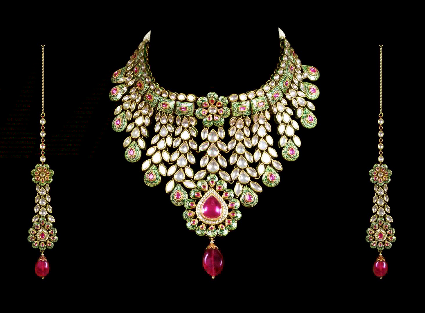 Close up of diamond necklace  multicolored gemstone  on black background with diamond ear ring