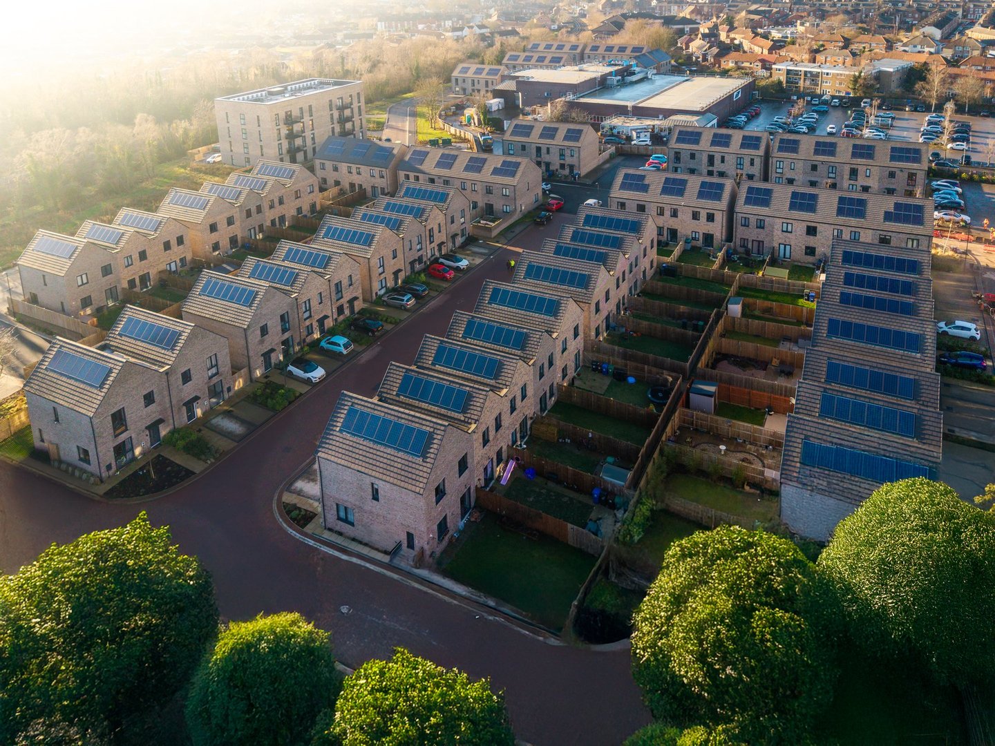 Selby, UK - January 16, 2025. A new build housing development with affordable and eco-friendly homes equipped with rooftop solar panels and hydrogen boilers for energy efficiency