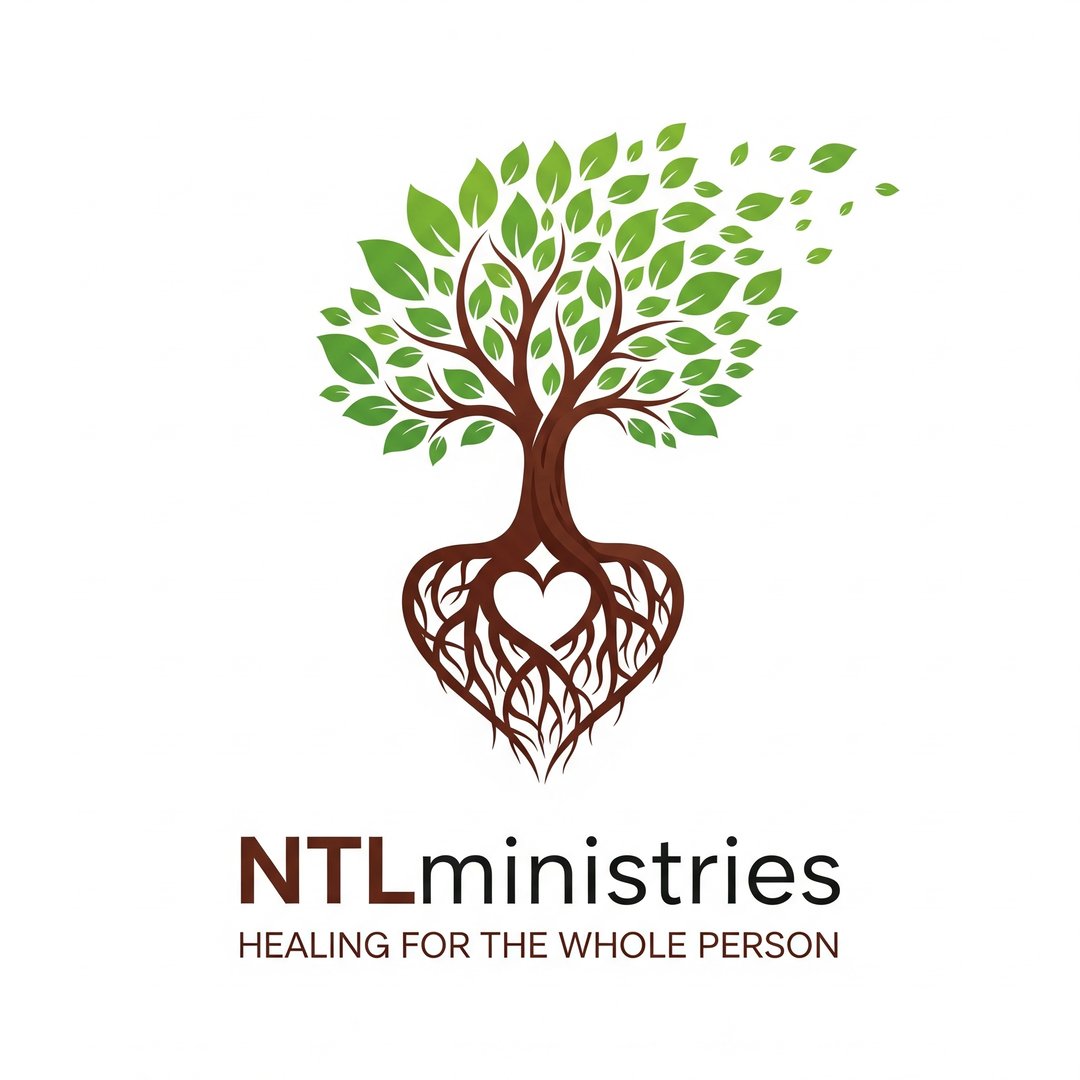 Logo of NTL ministries with a tree forming a heart shape in the roots, slogan reads Healing for the Whole Person.