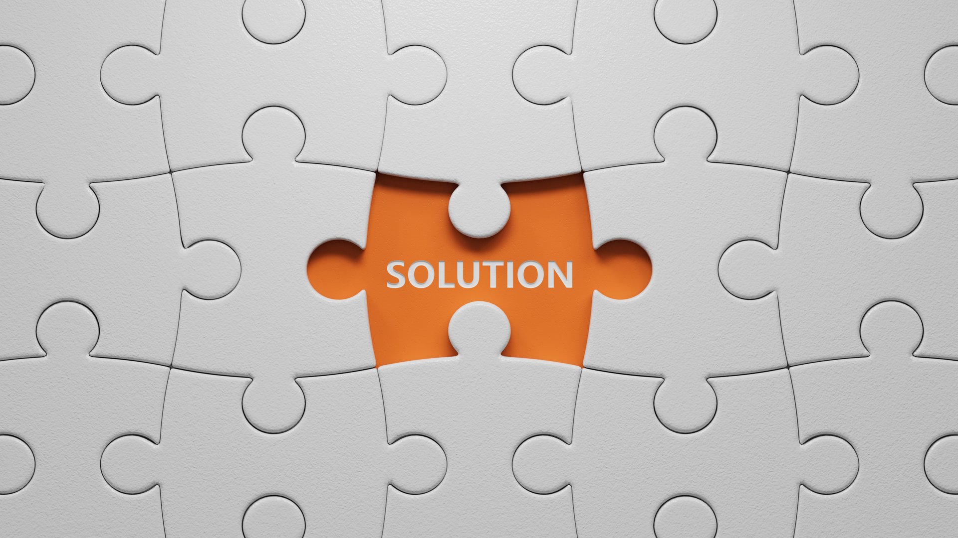 Solution.3D illustration of The white puzzle pieces with missing pieces.close up of The white puzzle pieces with missing pieces,3D rendering on orange background.