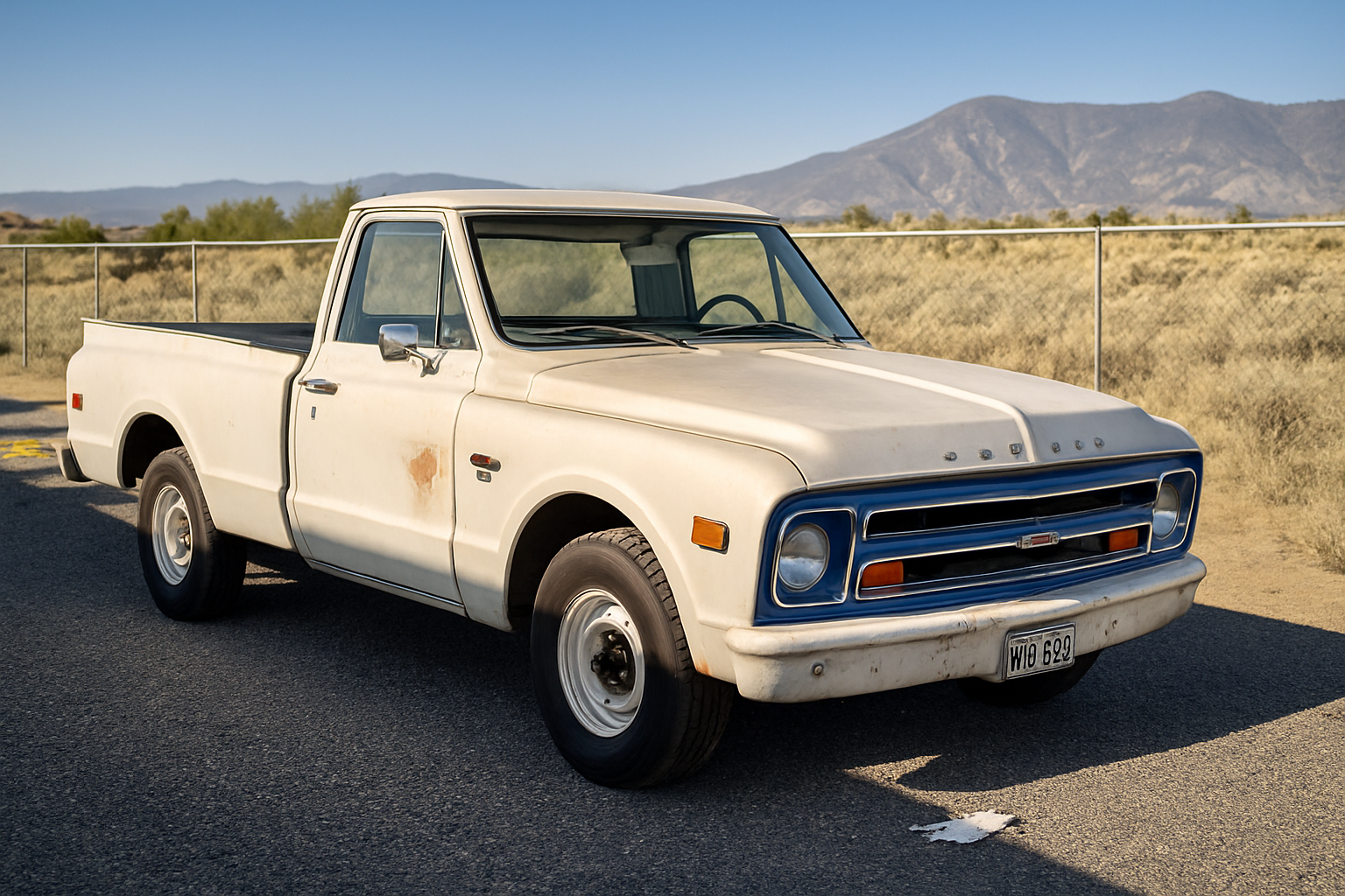 White weathered 1967 Chevrolet Stepside parked in gravel with mountains in background