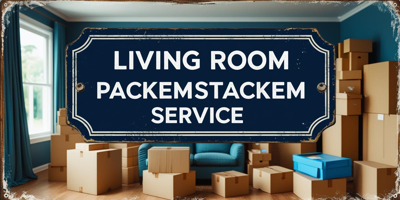 Living Room PackEmStackEm Service sign with dark blue background, packing boxes, and living room scene