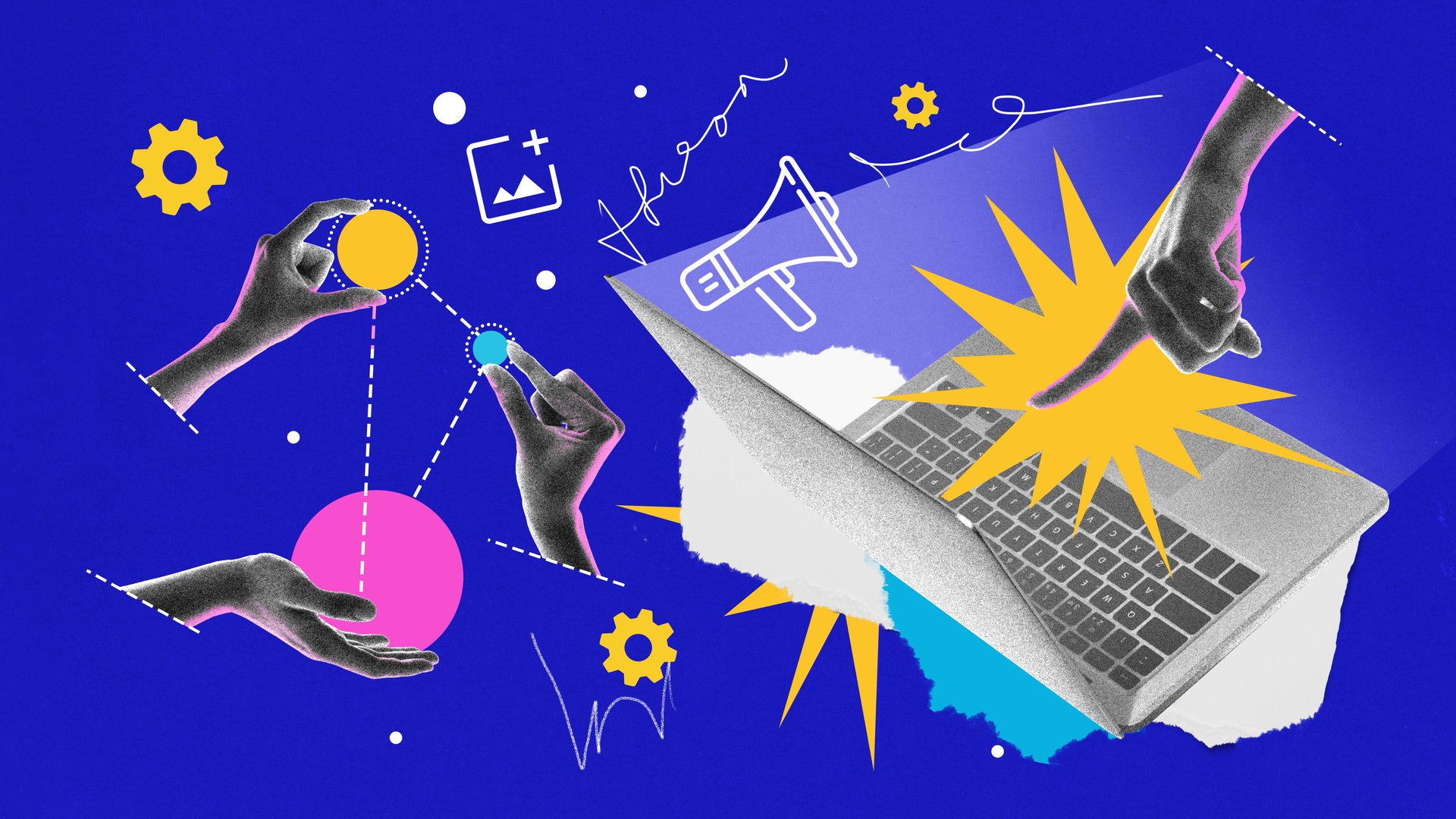 Hands interact with content elements, megaphone, and laptop, illustrating content strategy. Art collage. Concept of digital marketing, audience engagement, social media. Photocopy effect