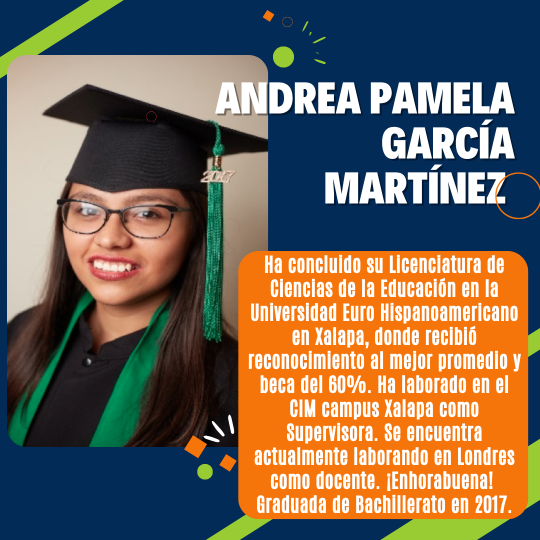 Graduate in cap and gown with text about academic achievements and job in London. Background includes color accents.