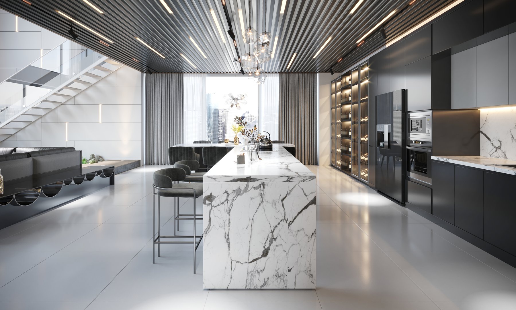 Luxurious modern kitchen featuring a marble island, sleek black cabinets, and contemporary lighting. the open space includes stylish seating and large windows, creating a sophisticated and functional culinary environment.