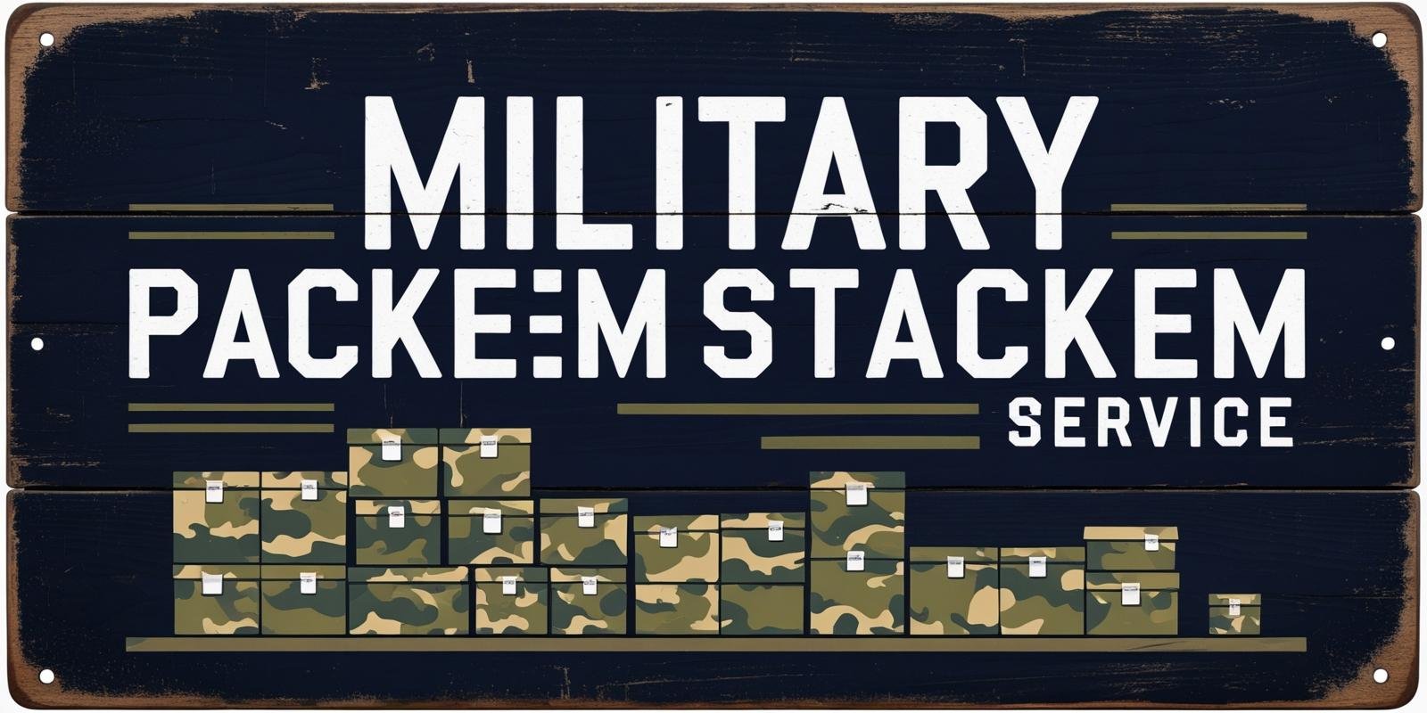 Military PackEmStackEm Service sign with dark blue background, packing boxes, and military scene