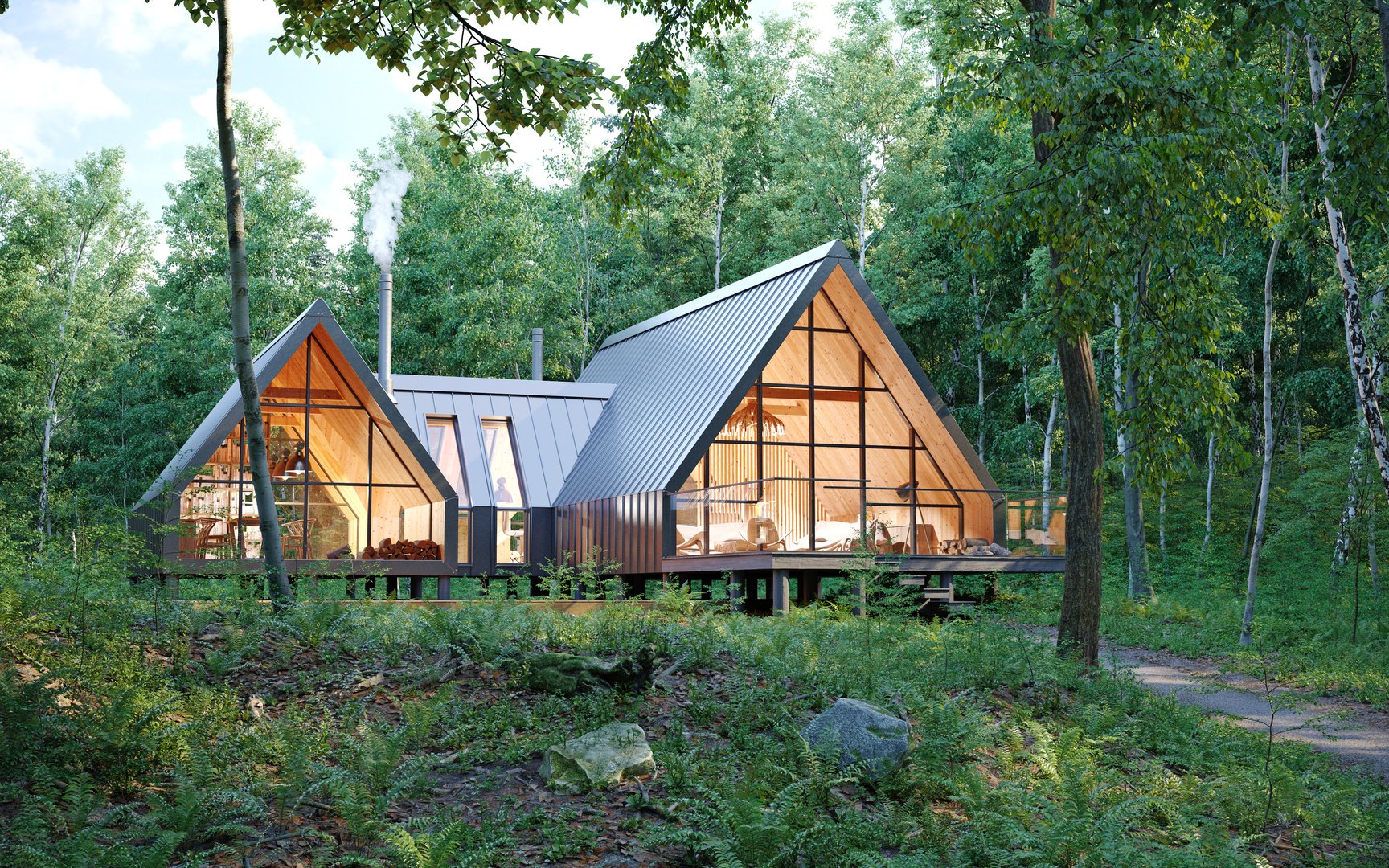 Aerial view of nice, family house exterior in green forest. 3d rendering