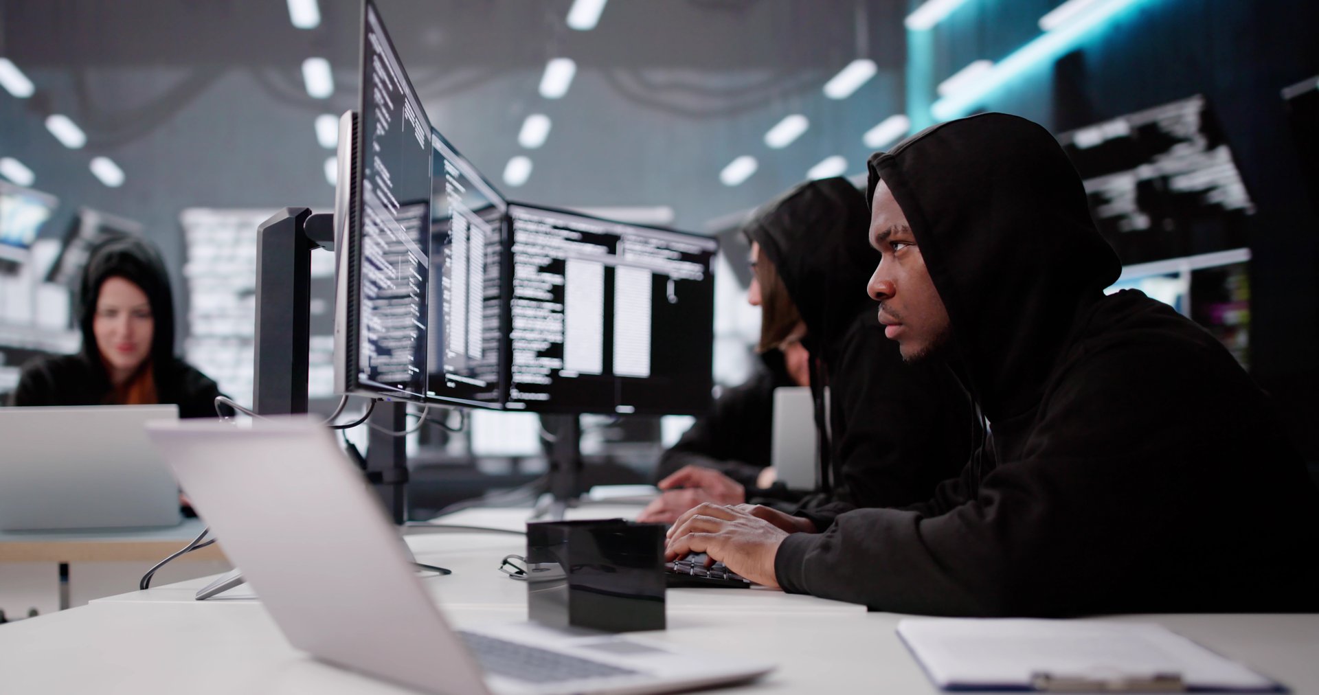 Cyber Criminals Stealing Secure Data And Information. Programmer Hacking Software. Spy Hacker Stealing Secure Data