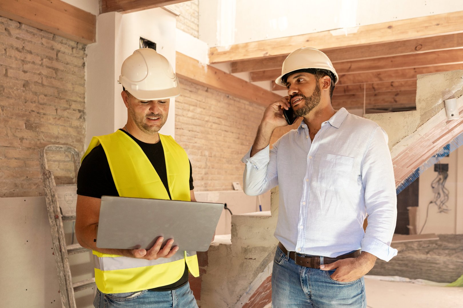 Contractor and architect working on building project using laptop and talking by phone
