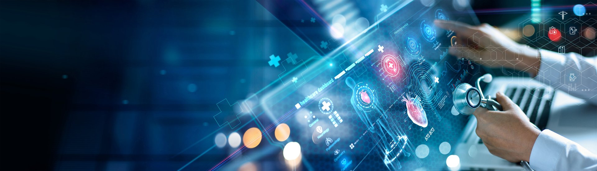 Cardiologist diagnosis patient heart testing result and human anatomy with database electronic medical record on network. AI, Innovation and technology, Digital healthcare on futuristic hologram