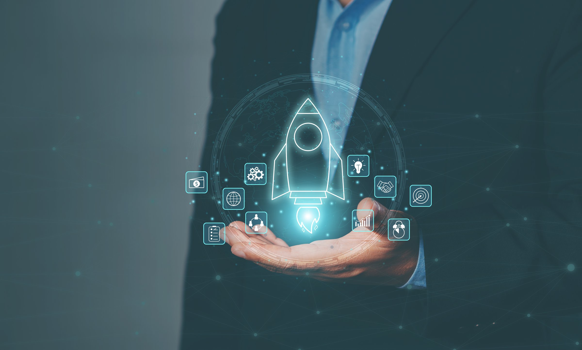 Startup business concept: a rocket is launching into space, just like for growing businesses and fast business success. digital marketing, idea generation, startup founder, network connection