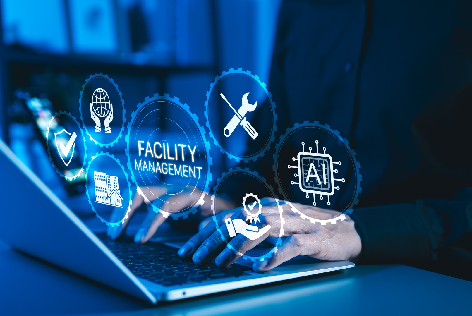 Facility Management and Digital Solutions Concept. Icons related to facility management, maintenance, AI, IoT, security, and optimization. integration of technology in managing facilities efficiently.