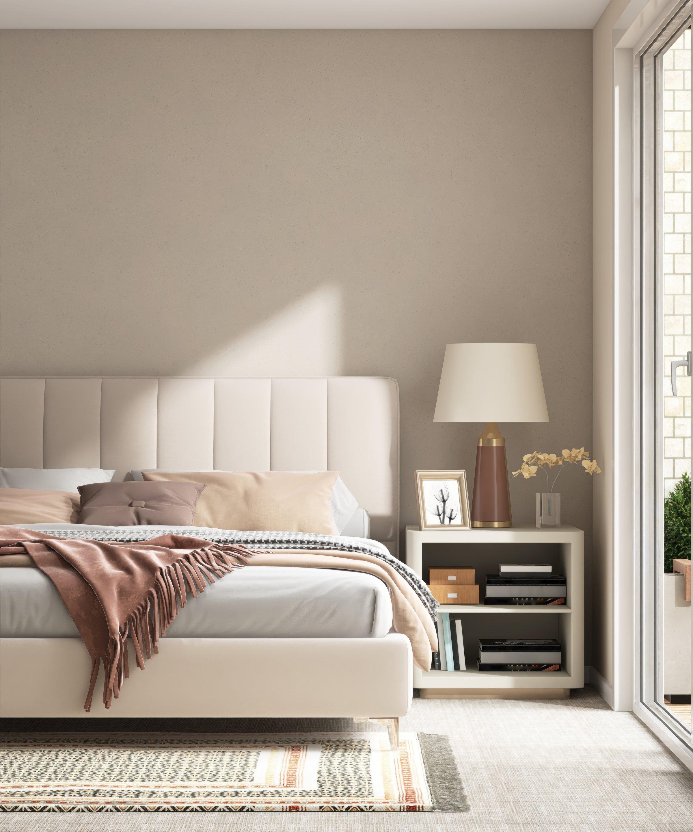 Modern cream colored bed with bedside table, lamp in minimal, cozy bedroom in sunlight from sliding door for luxury interior design decoration, product display background 3D