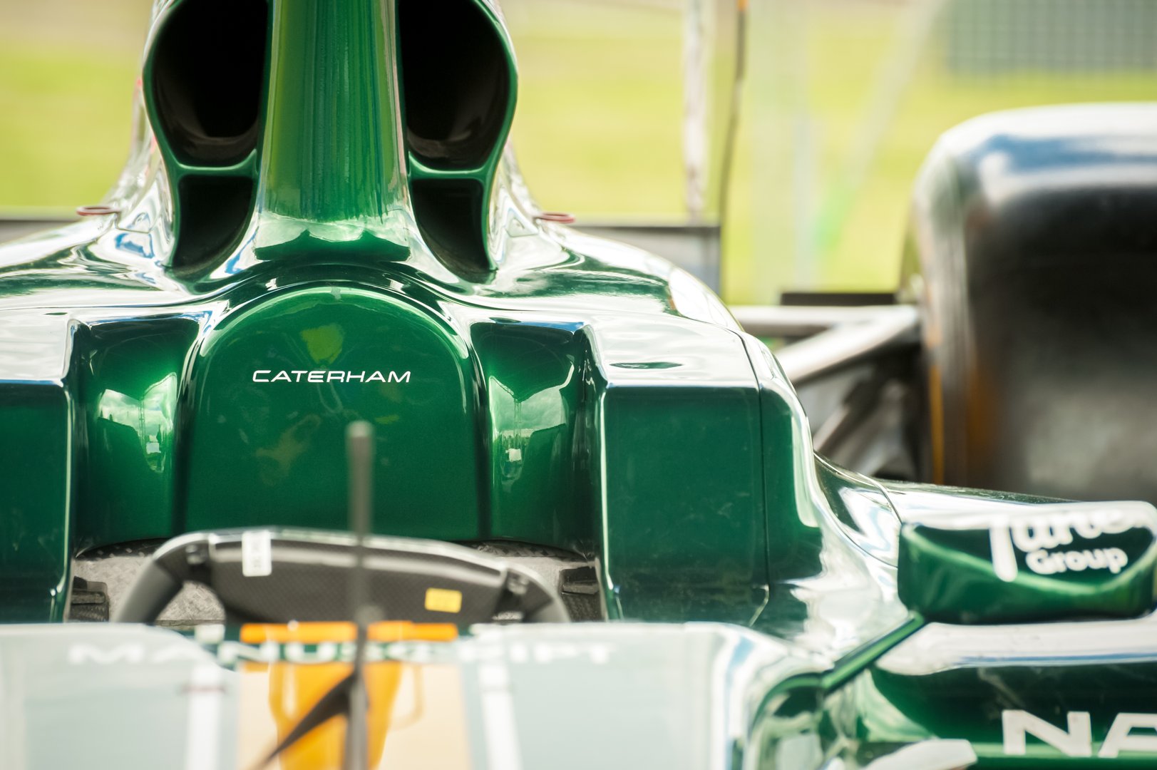 Farnborough, UK - July 15, 2012: Closeup of a Caterham Formula 1 race car on static display at an exhibition in Farnborough, UK