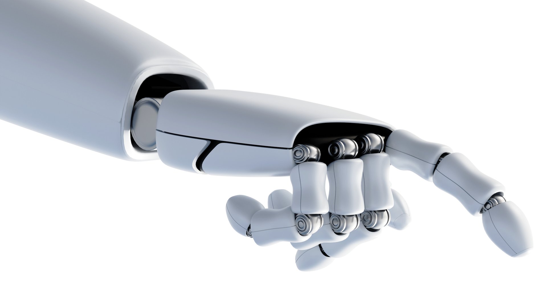 A 3D rendering of a close-up view of isolated robotic hands functioning as an AI technology assistant.