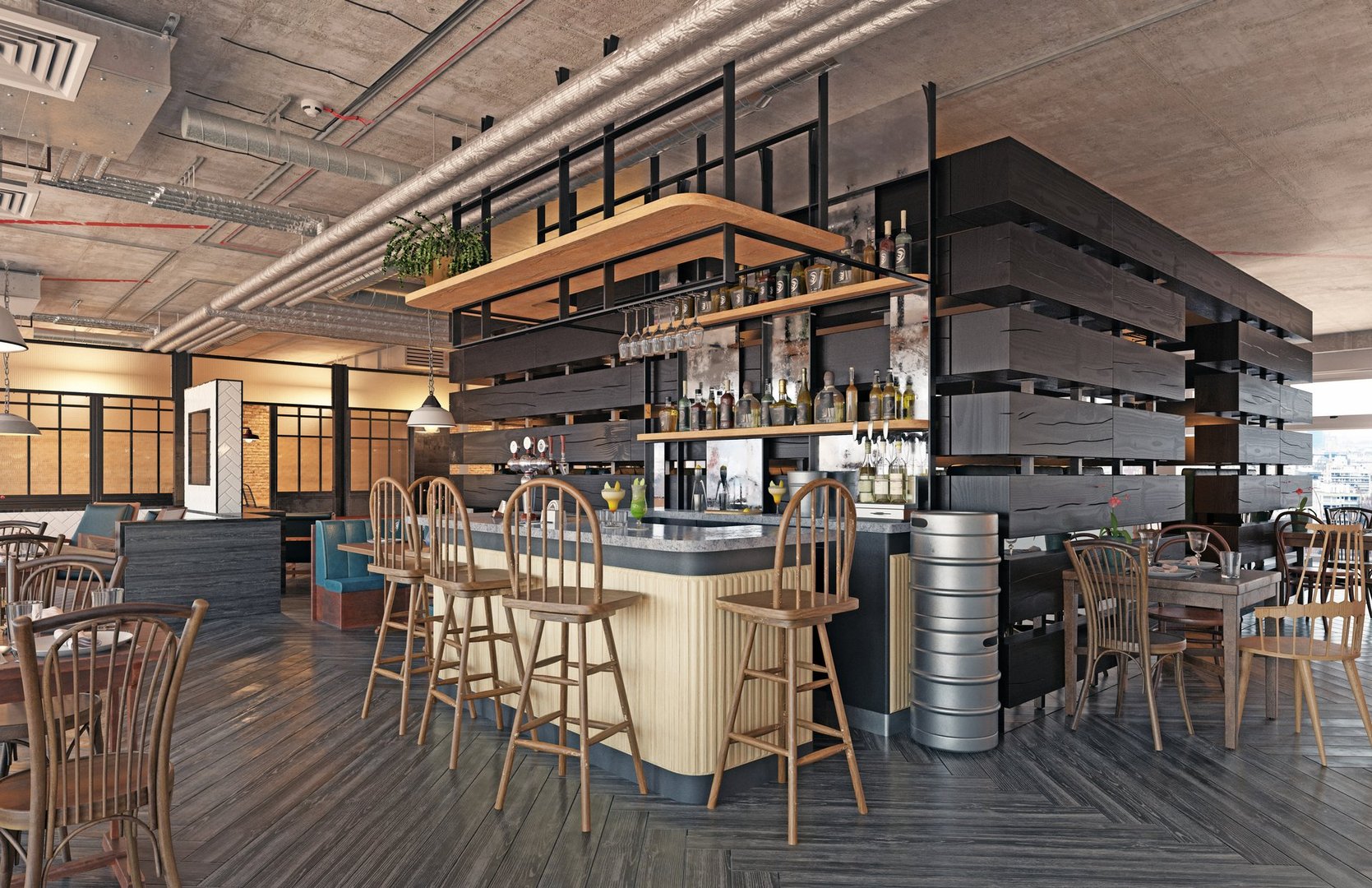 Interior of a modern industrial style pub and restaurant. 3D rendering of an empty bar with wooden furniture. Commercial hospitality design concept.