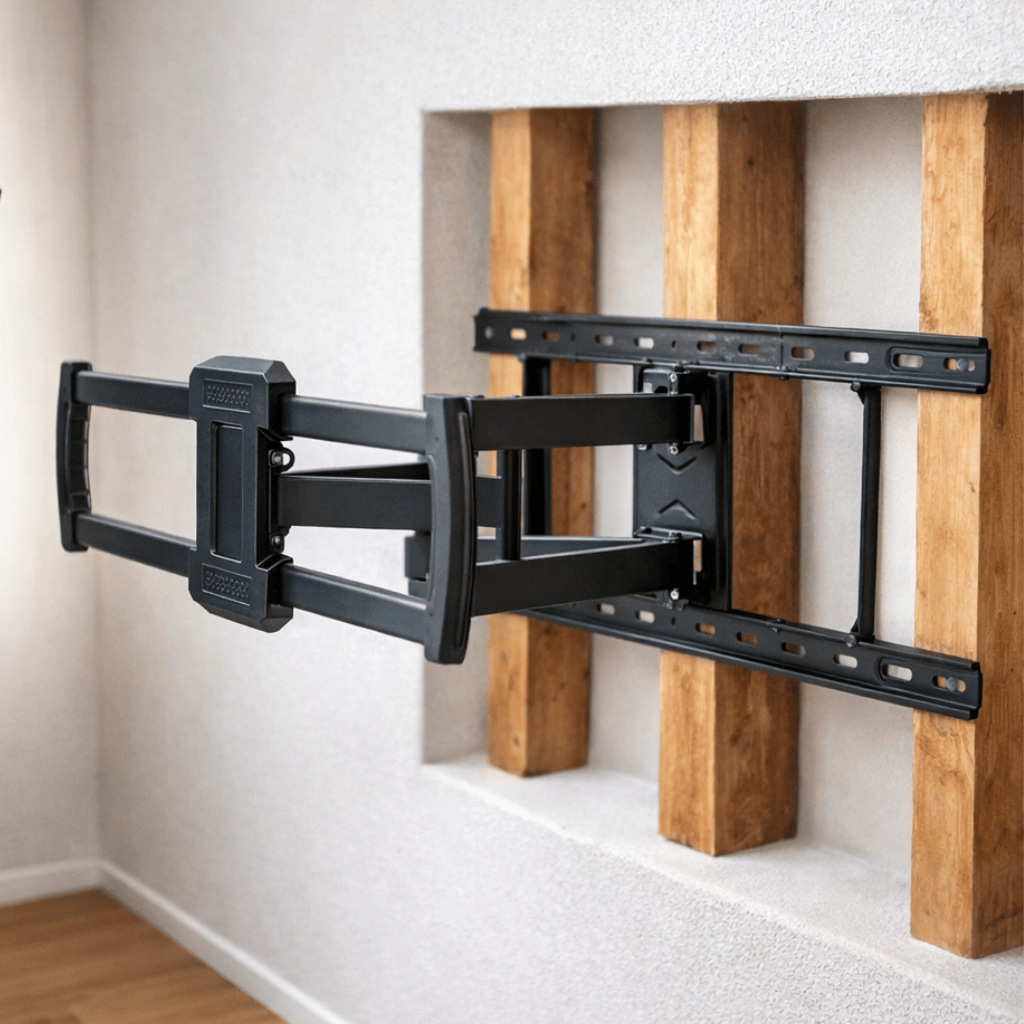 TV bracket mounted to wood studs with lag bolts