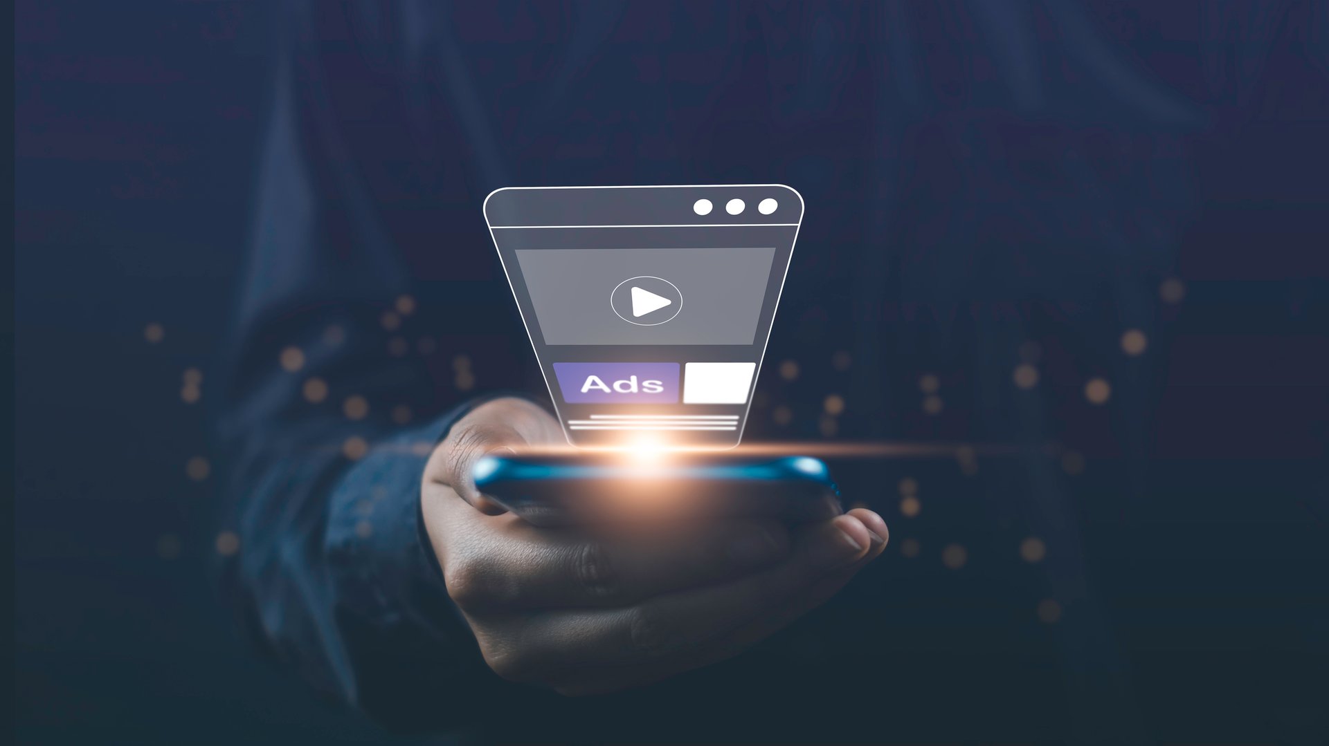 Ads show on mobile screen in video content website. Online programmatic advertising marketing for target optimize click campaign through rate customer engagement concept.