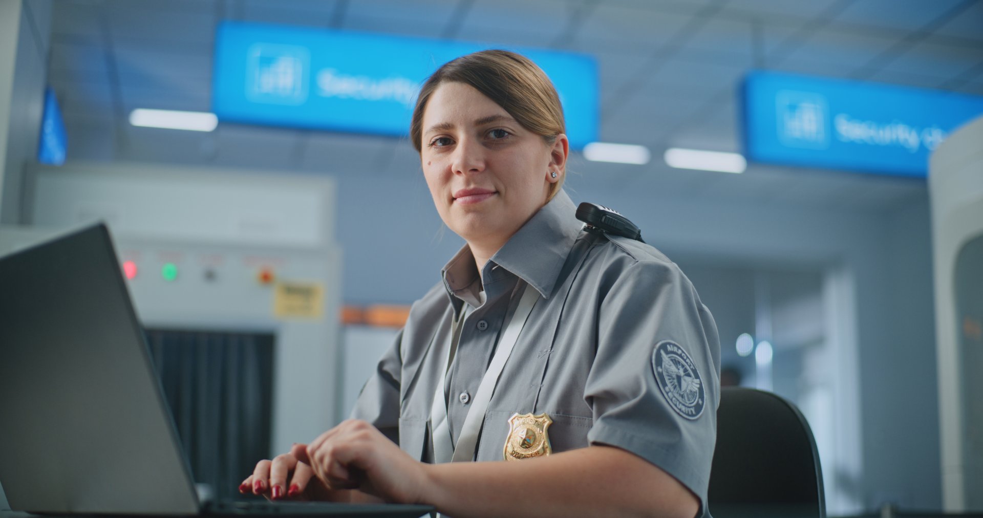 Airport Security: Female TSA Officer Using Laptop, Smiling and Looking at Camera. Transportation Security Administration for Travel Safety. In Background, Airport Staff Conducting Screening Procedures