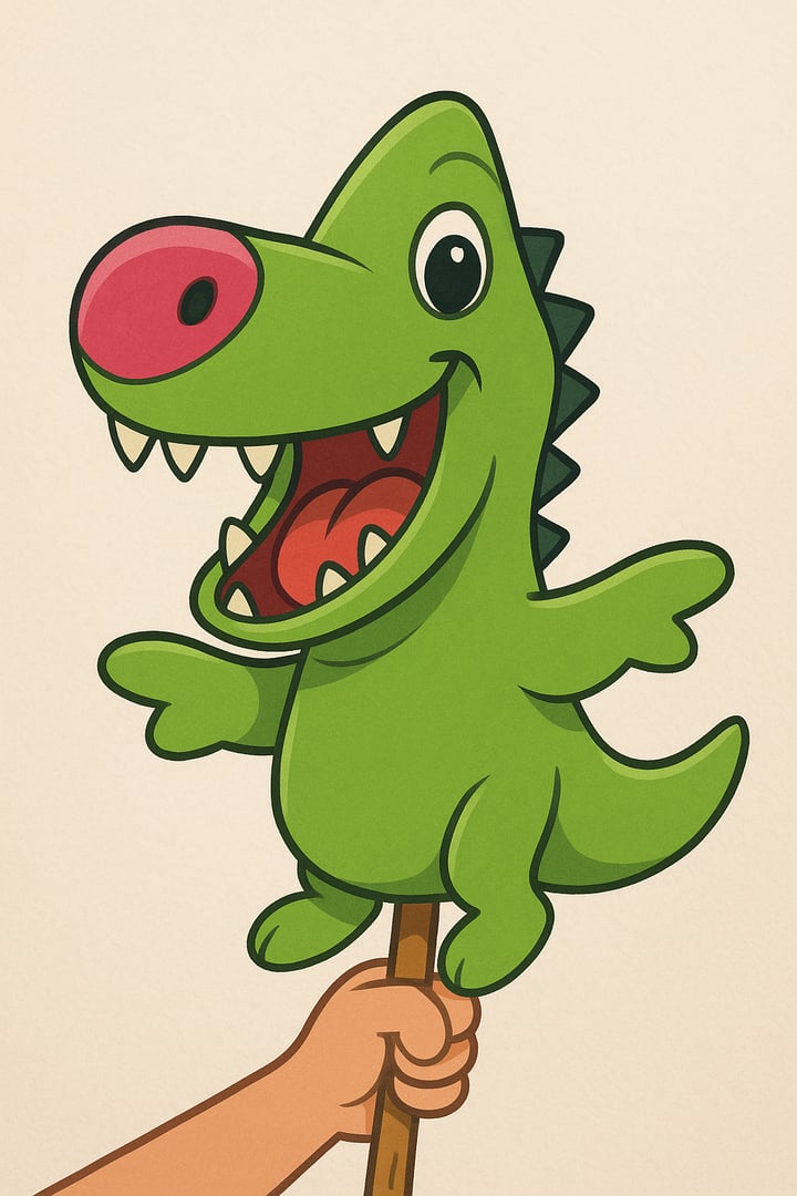 Cartoon green dinosaur puppet with a pink nose held by a hand on a stick, showing a joyful expression.