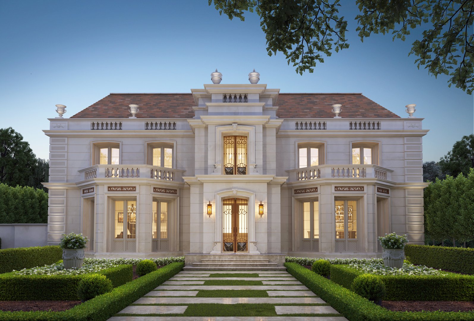 Classical House Façade with Expansive Landscaped Gardens