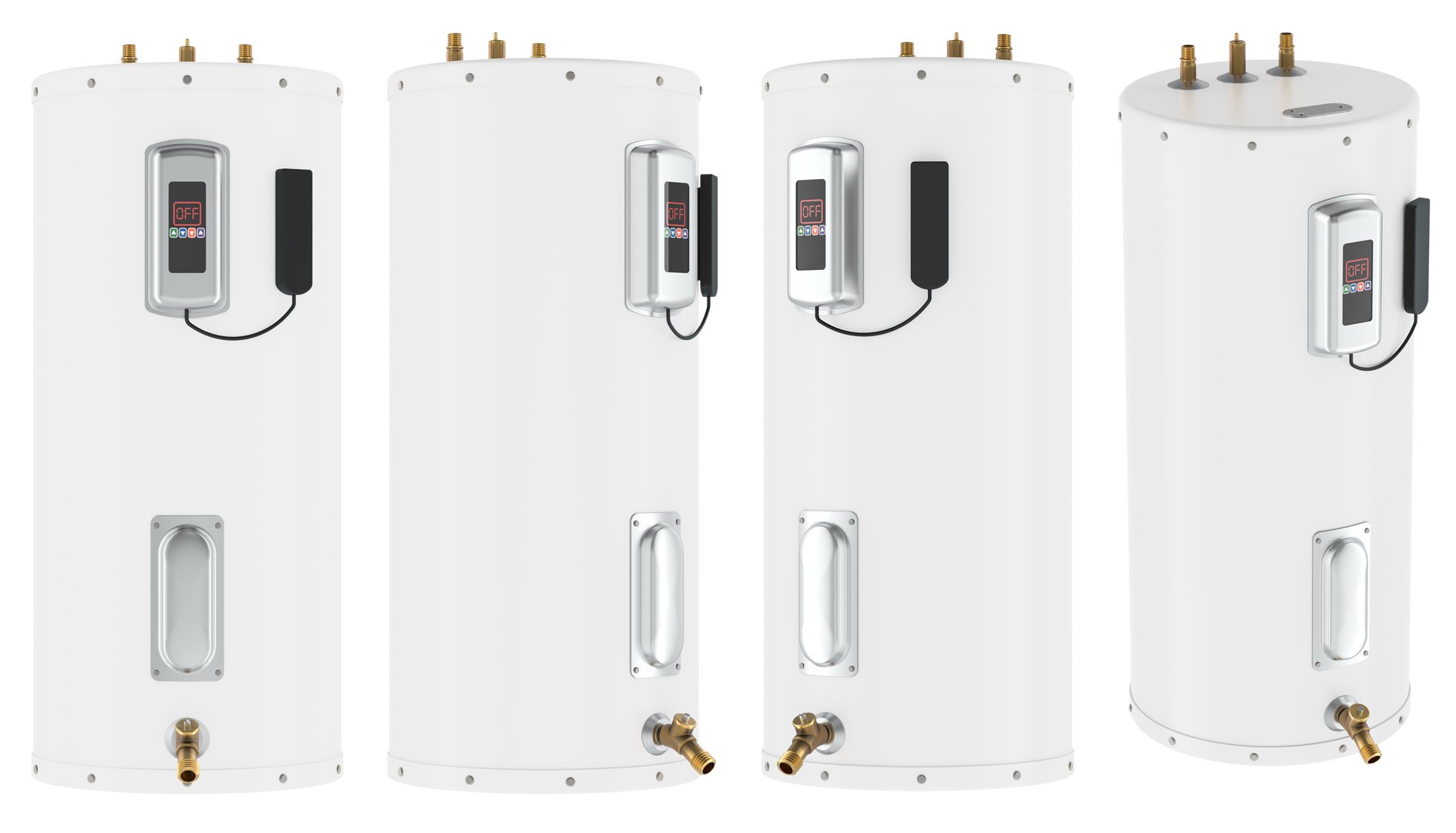 White electric water heater with electronic control panel and brass pipe fittings, shown from four angles. 3D rendering isolated on white background